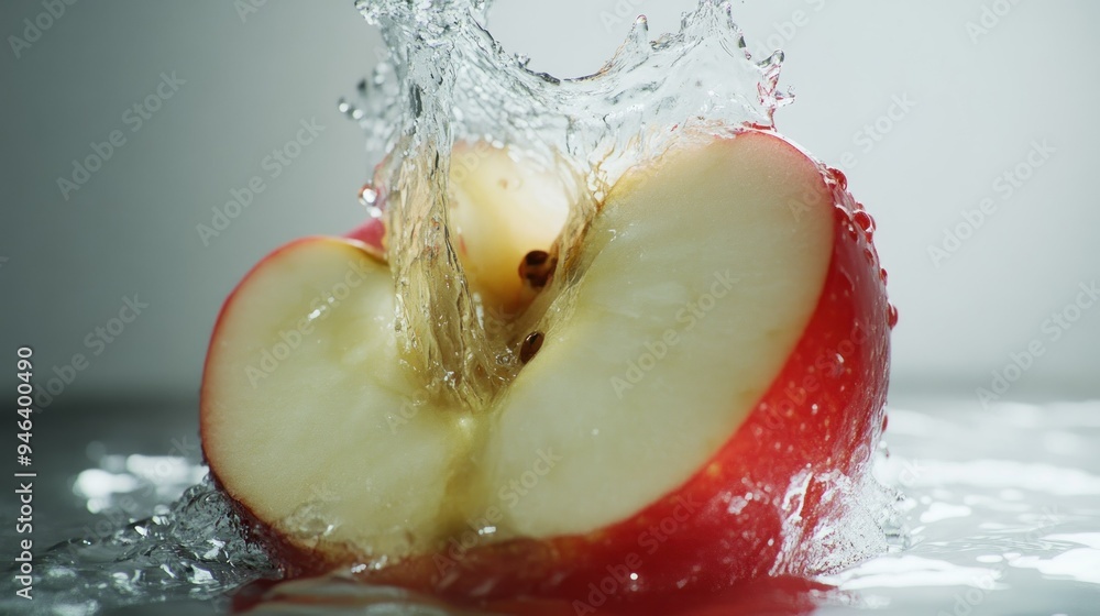 Poster A Red Apple Half Submerged in Water with Splashing Droplets