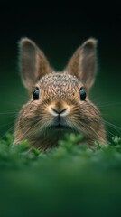Obraz premium Curious rabbit peeking through lush greenery at dawn in a serene meadow