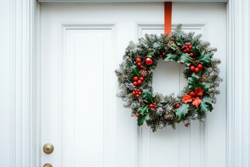  Christmas background with a wreath made of holly and pine branches on a white door