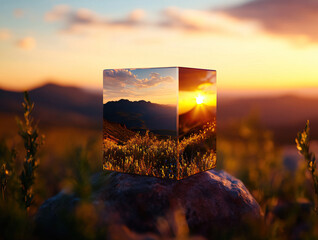 A reflective cube showcasing a stunning sunset over mountains, surrounded by nature's greenery, symbolizing tranquility and beauty.
