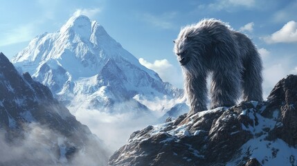 A Yeti Standing on a Mountain Peak with a Snowy Landscape in the Background