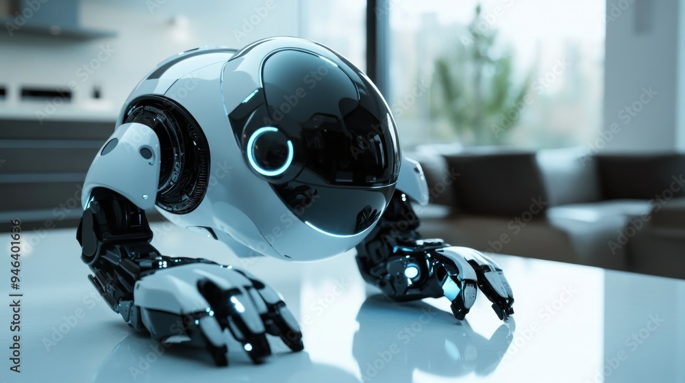 Poster futuristic robot with glowing eyes and articulated arms in a modern home