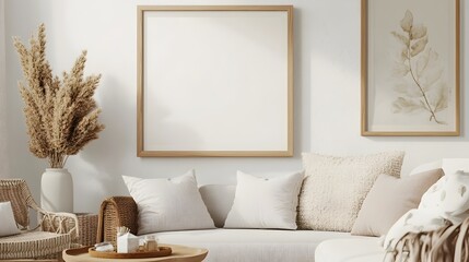 of a Minimalist Farmhouse Living Room Mockup Featuring a Light Oak Wood Frame Soft Pastel Accents and Natural Fiber Furnishings for a Cozy Serene Ambiance