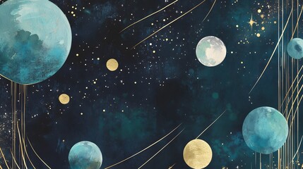 An elegant and detailed watercolor illustration of the planets, stars, and moon in a gold foil outline border around a blue-green agate gemstone with a shimmering, glittery golden background