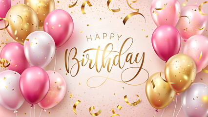 Happy birthday card with pink balloons and a golden confetti background text "Happy Birthday" is written in a calligraphy font Generative AI