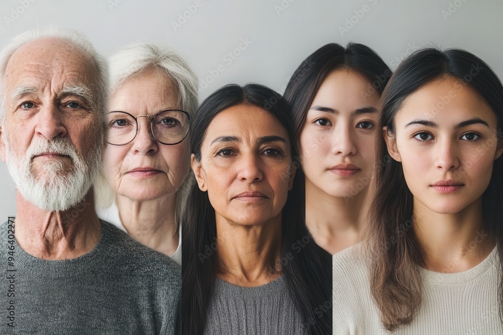 Poster five individuals of varying ages and ethnic backgrounds stand closely together, showcasing a spectru