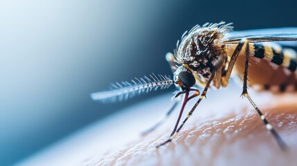 This highly detailed close-up image captures a mosquito perched on human skin. It showcases the mosquito's delicate features, emphasizing the realism and intricacy of the scene.
