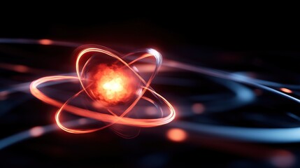 An abstract depiction of an atom with glowing electrons, symbolizing energy, matter, and scientific discovery in a modern design.
