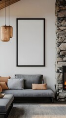 of a Mockup Frame in a Cozy Farmhouse Style Living Room Interior with a Stone Fireplace Sleek Black Steel Frame Modern Pendant Lighting and Minimalist Decor Elements  3D Render in a Warm