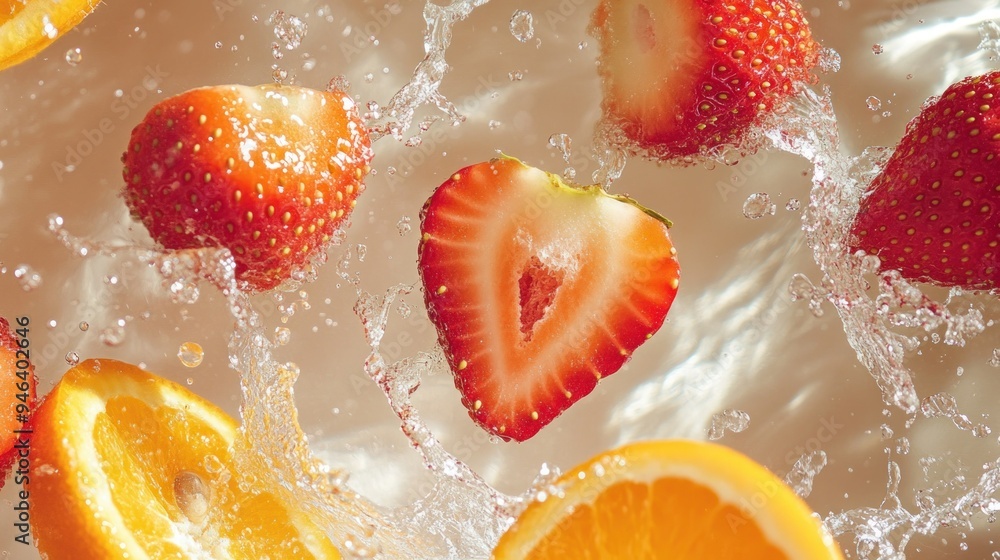 Poster sliced strawberries and oranges splashing in water