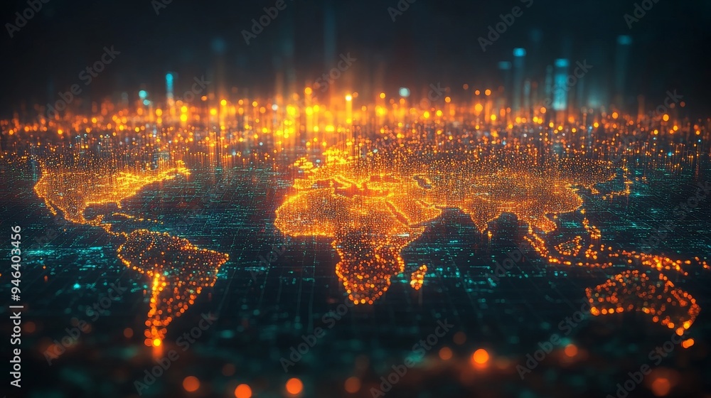 Poster a digital visualization displays a holographic map of the world, highlighting wealth distribution th