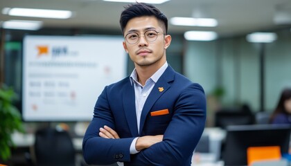 Fototapeta premium Young professional in a smart suit poses confidently in a modern office environment