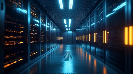 Fototapeta premium A futuristic data center with servers illuminated by soft, cool lighting, focusing on the secure technology within.