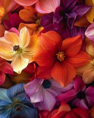 A close-up of a bouquet of brightly colored flowers, arranged in a way that emphasizes depth. The flowers should have distinct textures and layers, with some petals slightly blurred to create a sense