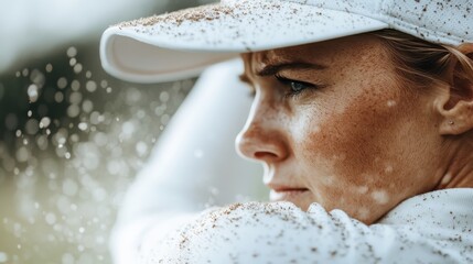 A golfer mid-swing creates a sandy explosion, showcasing the action and dynamism of the sport against a blur of natural background, emphasizing motion and skill.