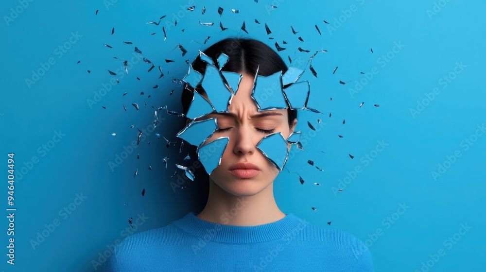 Poster a person standing before a shattered mirror, each fragment reflecting a different emotion, symbolizi