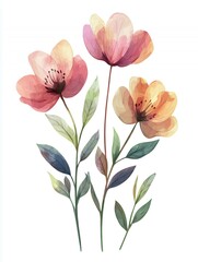Obraz premium A watercolor illustration of three vibrant flowers with delicate leaves.