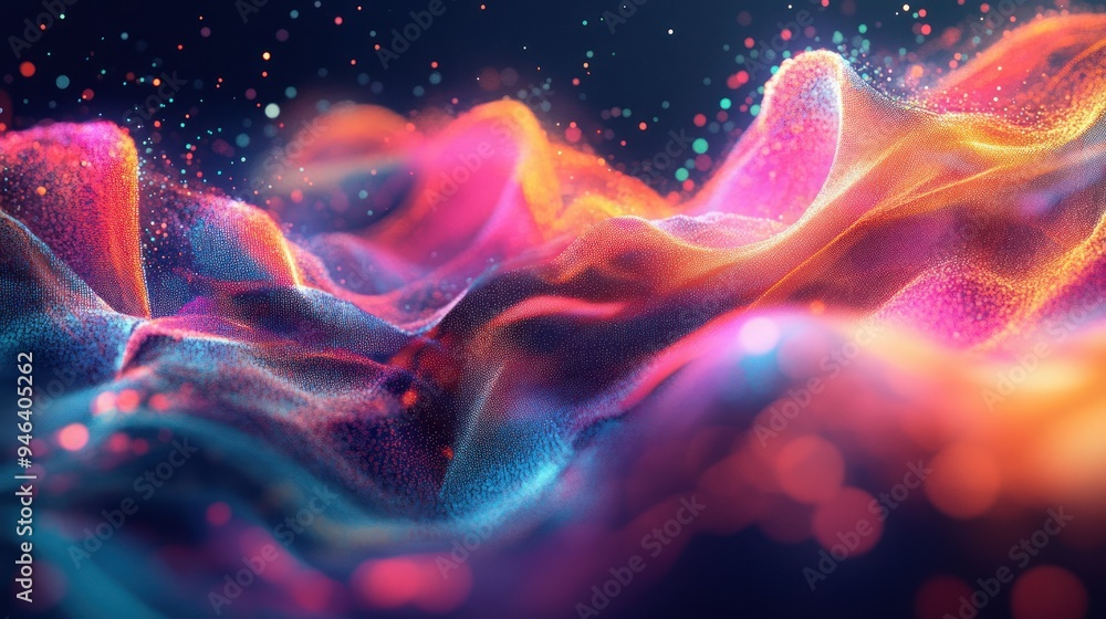 Poster abstract digital landscape with colorful particles