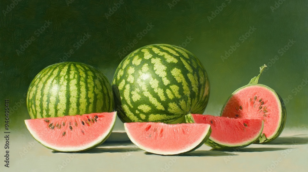 Wall mural A vibrant composition illustrating whole watermelons alongside some cut into slices, symbolizing freshness, summer, nutrition, vitality, and natural beauty.