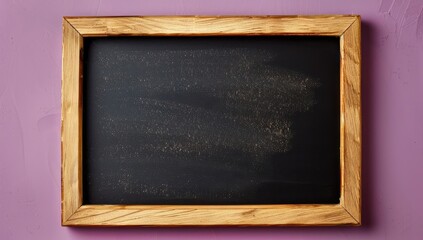 Empty blackboard with wooden frame against a soft plum background, top view for educational and creative designs