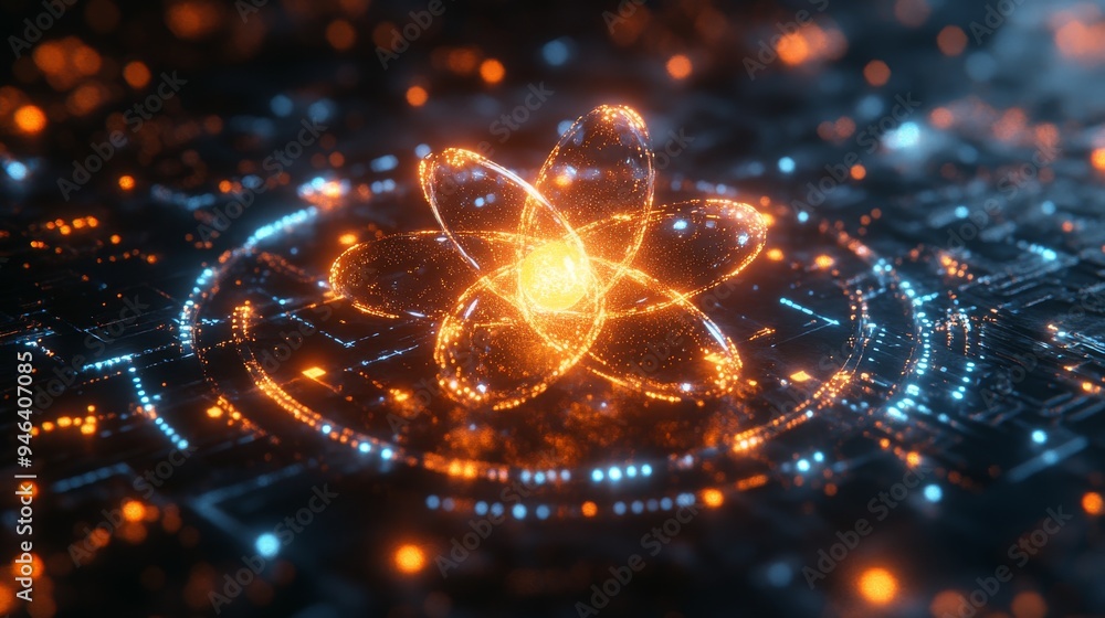 Poster a holographic atom glows in vibrant colors within a dark, digital environment, highlighting intricat