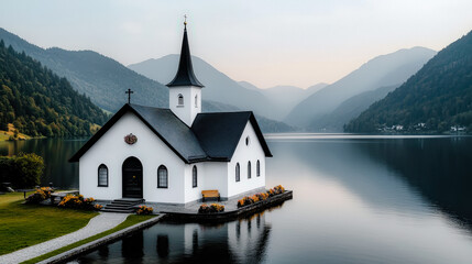 Serene Lakeside Chapel A Picturesque Chapel Nestled by a Tranquil Lake Surrounded by Majestic Mountains Capturing the Peaceful Beauty of Nature and Spiritual Reflection in the Alps