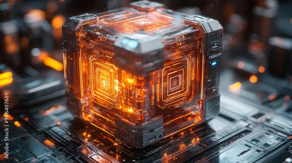 Poster a secure holographic safe is actively protecting digital assets within a futuristic setting filled w