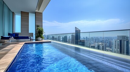 Obraz premium Luxurious rooftop pool with city skyline view under clear blue sky.
