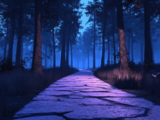 Shadowed forest with a small illuminated path, 3D illustration