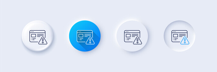 Internet warning line icon. Neumorphic, Blue gradient, 3d pin buttons. Attention triangle sign. Caution alert symbol. Line icons. Neumorphic buttons with outline signs. Vector