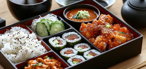 A TopDown Perspective of a Black Bento Box Filled with Sushi Rice and Sweet and Sour Chicken The Box is Set on a Wooden Table