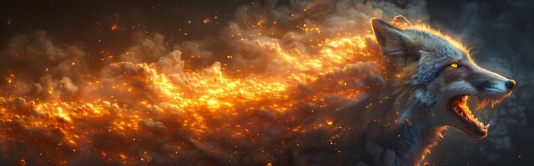Panoramic banner with a wild fox emerges from a forest fire, its eyes glowing in the intense heat and flames, symbolizing survival in a changing world