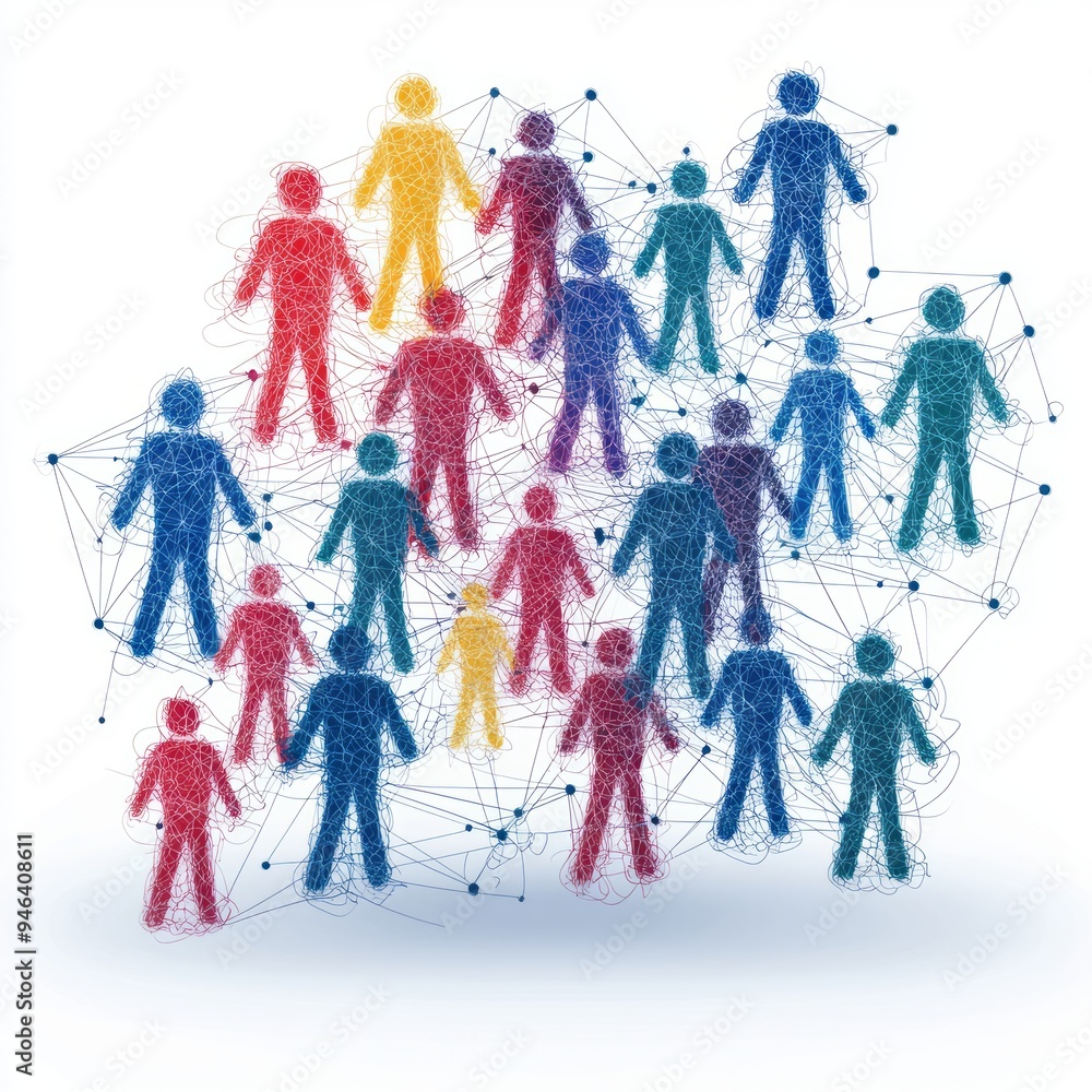 Poster diverse silhouettes linked by colorful lines in an abstract network
