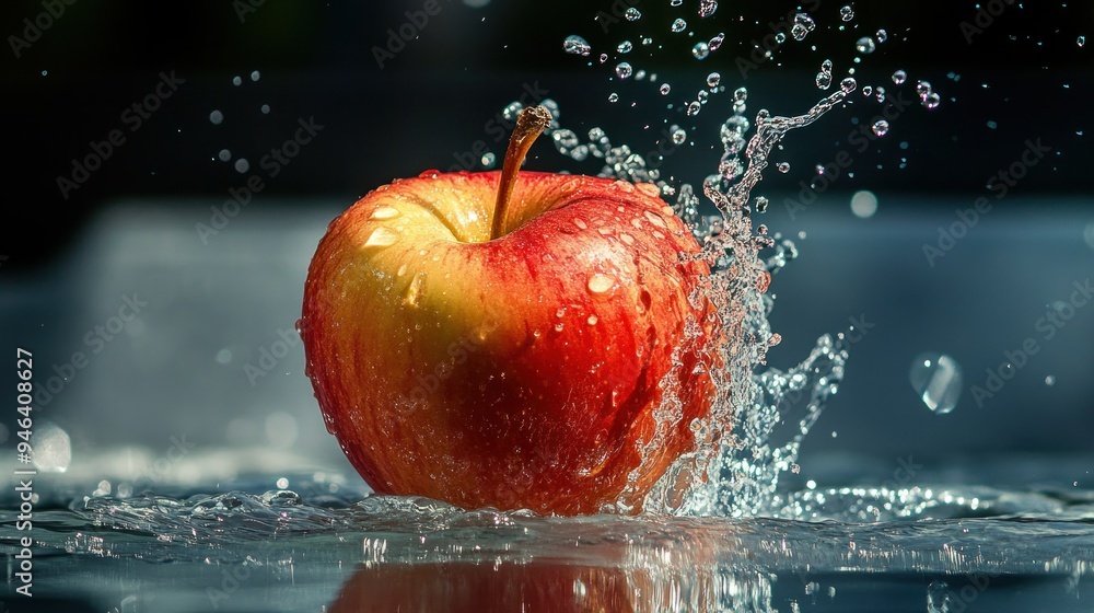 Poster red apple splashing into water with droplets