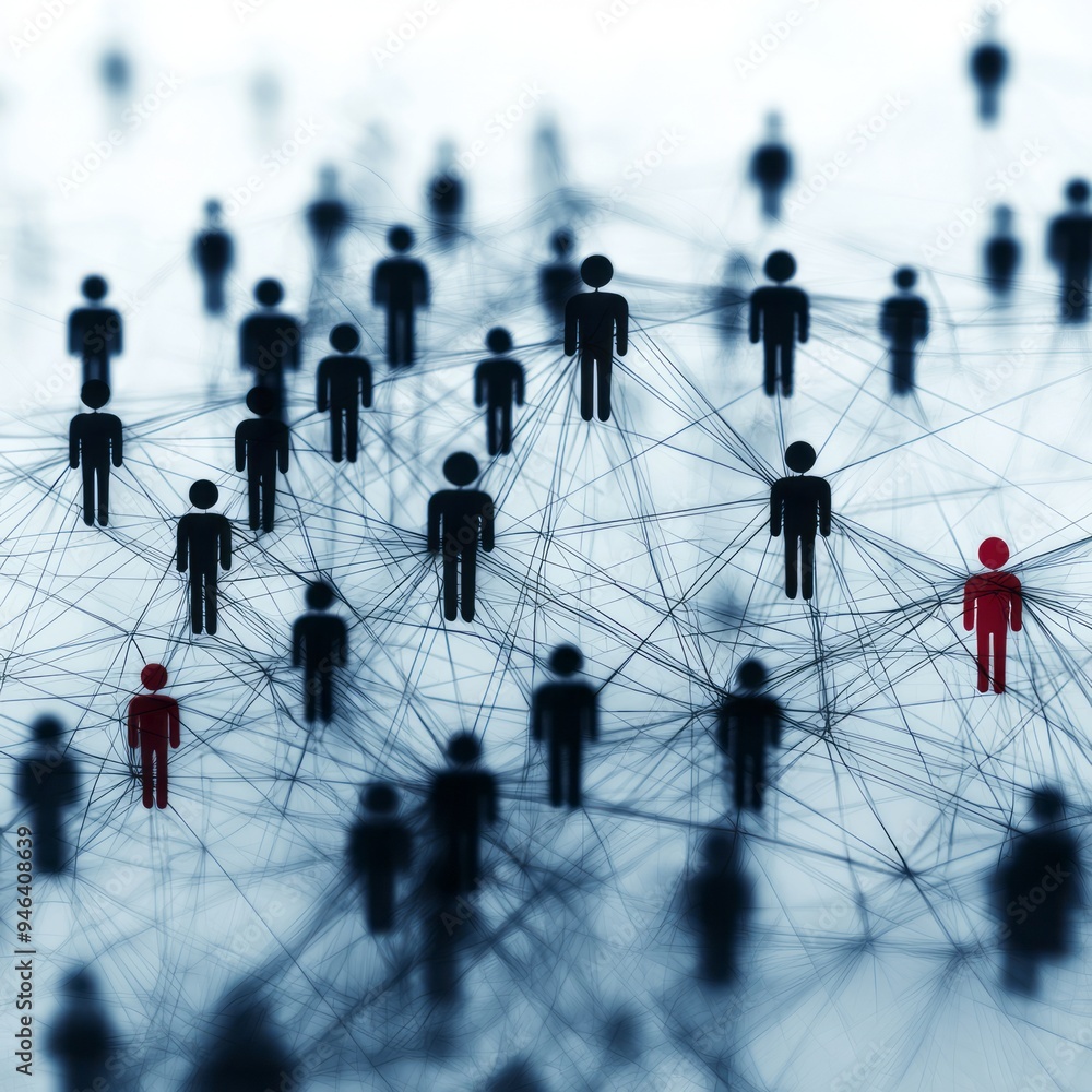 Poster connections and isolation in a digital network of abstract figures in a modern setting