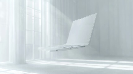 A White Laptop Floating in a Bright Room with a Window