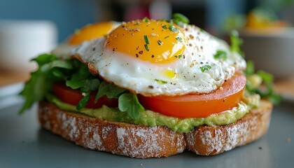 Breakfast delight with sunny-side-up eggs on avocado toast featuring fresh greens and tomatoes