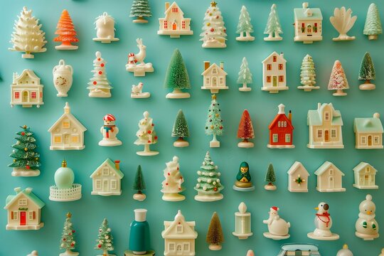Colorful Collection of Miniature Holiday Decorations on a Teal Background During Winter Season