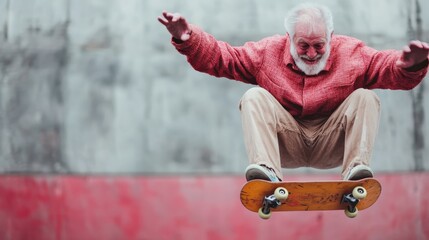 An elderly man in a red shirt and beige pants doing a skateboard trick mid-air against a grey and red background, showcasing an impressive jump.
