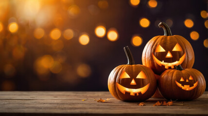  Happy halloween, image of carved Jack O Lantern, Red and Orange with glowing face on wooden table  on orange background with copy space.