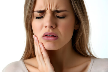 Fototapeta premium Closeup portrait of woman having toothache isolated on white background. Female suffering with a painful, hurting or inflammation in her mouth