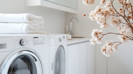 A clean, contemporary laundry room featuring a front-loading washing machine and dryer, neatly folded towels, a sleek faucet, and decorative dried flowers for a stylish finish.