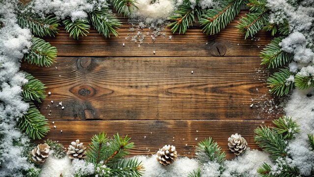 Rustic Winter Background with Snow-Covered Pine Branches and Pine Cones on Wooden Surface