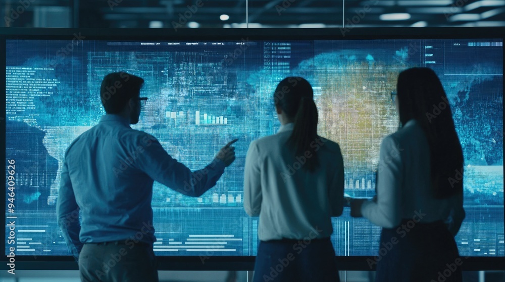 Poster marketing team strategizing in front of a large screen, displaying consumer data. they discuss adver