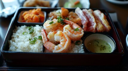 Closeup of a Japanese bento box with shrimp rice and dipping sauce showcasing the vibrant colors and textures of the meal