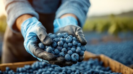 Image showing gloved hands holding a batch of blueberries, with a field full of blueberries and plants in the blurred background, emphasizing the harvest in a secure environment.