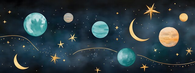 Fototapeta premium An elegant and detailed watercolor illustration of the planets, stars, and moon in a gold foil outline border around a blue-green agate gemstone with a shimmering, glittery golden background