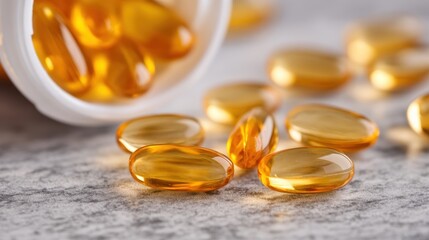 Soft gel capsules with golden liquid spilled from white bottle onto surface, showcasing their glossy and translucent appearance ideal for health supplements.