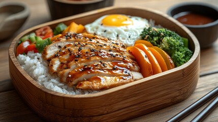 CloseUp of Teriyaki Chicken Rice Bowl with Sesame Seeds SunnySide Up Egg Broccoli Wooden Background Asian Cuisine Concept