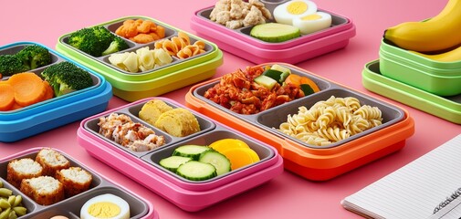 Colorful Lunchboxes with Diverse Food A TopDown Perspective of Balanced Meals in Brightly Colored Containers